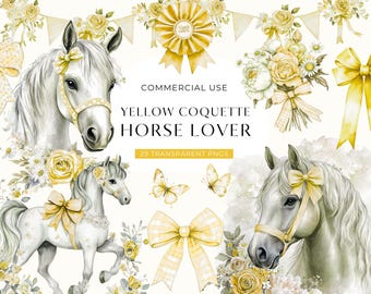 Pode incluir: Ilustrações em aquarela com cavalos brancos adornados com laços amarelos e arranjos florais. O texto "YELLOW COQUETTE HORSE LOVER" é exibido, juntamente com borboletas e fitas. A imagem tem uma estética suave e romântica.