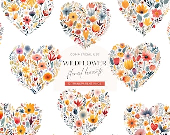 Wildblumen Herz Clipart, DIGITAL DOWNLOAD, Blumenherz mit Blumen, Aquarell Boho Valentine, Liebe Herz Babyparty, kommerzielle Nutzung PNG
