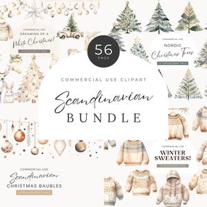 Skandinavische Weihnachtsclipart-Bundle, DIGITALER DOWNLOAD, neutrale gemütliche Hygge-Winterillustrationen, nordische Weihnachtsbäume, freie kommerzielle Nutzung PNG