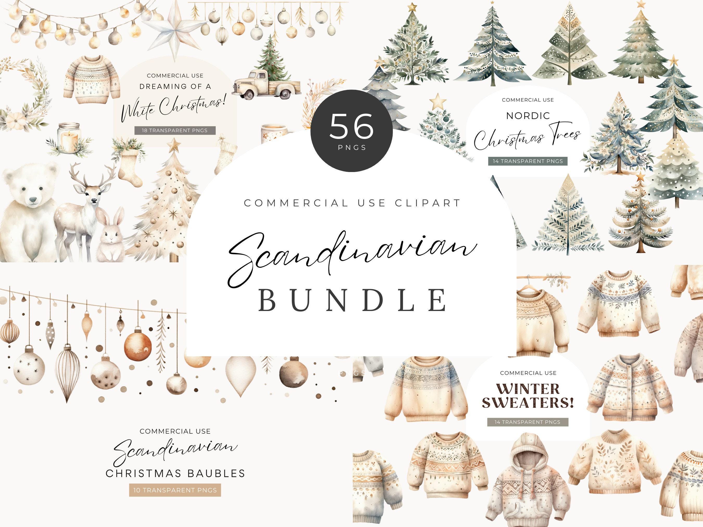 Scandinavian Christmas Clipart Bundle, DIGITAL DOWNLOAD, Neutral Cozy Hygge Winter Illustrations, Nordic Xmas Trees, Free Commercial Use PNG