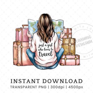 Gewoon een meisje dat graag reist PNG, Wanderlust PNG, avontuursublimatieontwerp, Wanderer-illustraties, met koffers en kaart, commercieel gebruik