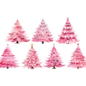 Pink Christmas Tree Clipart, DIGITAL DOWNLOAD, Candy Pink Retro Christmas Trees, Hot Pink Watercolor Decorated Xmas Tree, Commercial Use PNG image 3