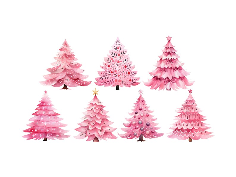 Pink Christmas Tree Clipart, DIGITAL DOWNLOAD, Candy Pink Retro Christmas Trees, Hot Pink Watercolor Decorated Xmas Tree, Commercial Use PNG image 3