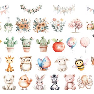 Boho Baby Doodle Clipart, DIGITAL DOWNLOAD, Aquarell Kindergarten Clip Art Bundle, Babyparty Clipart, süße Tier Clipart, kommerzielle Nutzung PNG Bild 3
