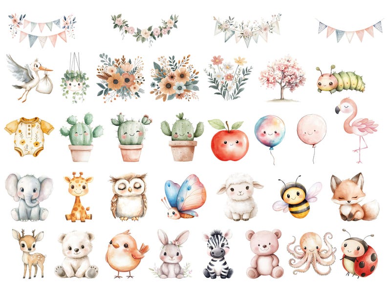 Boho Baby Doodle Clipart, DIGITAL DOWNLOAD, Aquarell Kindergarten Clip Art Bundle, Babyparty Clipart, süße Tier Clipart, kommerzielle Nutzung PNG Bild 3