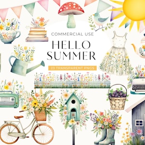 Clipart de Summer Cottagecore, DESCARGA DIGITAL, Tema de acuarela de verano, Clip Art de planificador de Hola verano, Uso comercial de jardín floral PNG