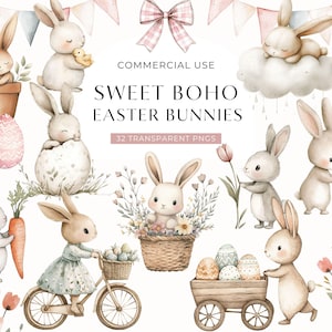 Boho Easter Bunny Clipart, Cute Whimsical Bunny Clip Art, Watercolor Spring Baby Shower Rabbits, Pastel Easter Egg PNG, DIGITAL DOWNLOAD