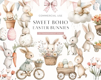 Boho Easter Bunny Clipart, Cute Whimsical Bunny Clip Art, Watercolor Spring Baby Shower Rabbits, Pastel Easter Egg PNG, DIGITAL DOWNLOAD