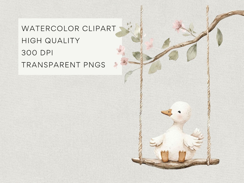 May include: Watercolor clipart image of a white duckling on a swing made of a wooden branch and rope. The swing hangs from a flowering branch. The image includes the text "WATERCOLOR CLIPART, HIGH QUALITY, 300 DPI, TRANSPARENT PNGS."