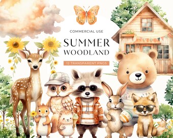 Summer Woodland Friends Clipart, DIGITAL DOWNLOAD, Cute Forest Creatures, Watercolor Baby Shower Clip Art, Bear Fox Owl Commercial Use PNG