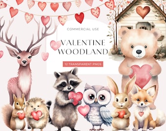 Woodland Animals Clipart Valentines, DIGITAL DOWNLOAD, Forest Creatures With Heart, Baby Shower Clipart, Bear Fox Nursery Commercial Use PNG