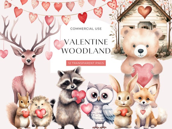 Woodland Animals Clipart Valentines, DIGITAL DOWNLOAD, Forest Creatures With Heart, Baby Shower Clipart, Bear Fox Nursery Commercial Use PNG