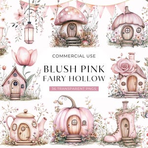 Clipart di una casa delle fate con acquerello, clipart di una graziosa casa a forma di fungo rosa, pacchetto PNG di un magico giardino boschivo pastello per il primo compleanno, DOWNLOAD DIGITALE