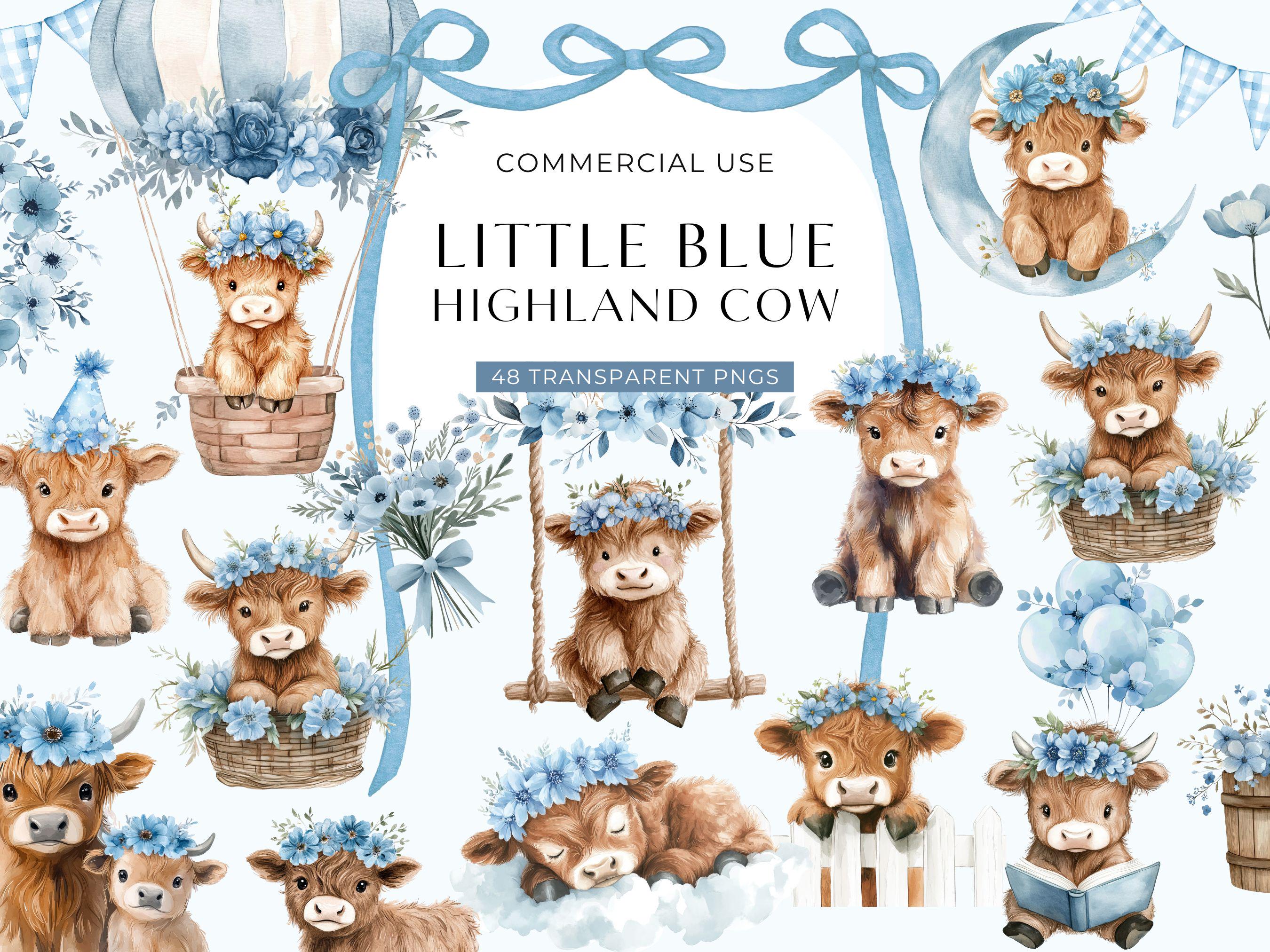 Highland Cow Clipart Blue, Watercolor Boho Floral Clip Art, Rustic Boy ...