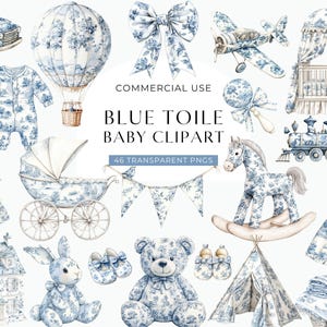 Blauwe toile baby clipart, it's a boy babyshower toile de jouy-illustraties, aquarel bloemen chinoiserie, vintage Franse kinderkamer digitale png