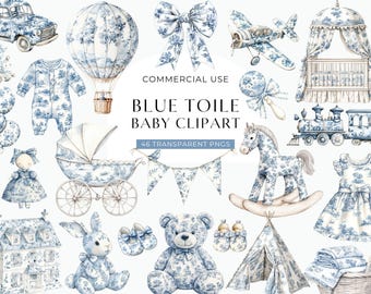 Blue Toile Baby Clipart, It's A Boy Baby Shower Toile De Jouy Clip Art, Watercolor Floral Chinoiserie, Vintage French Nursery DIGITAL PNG