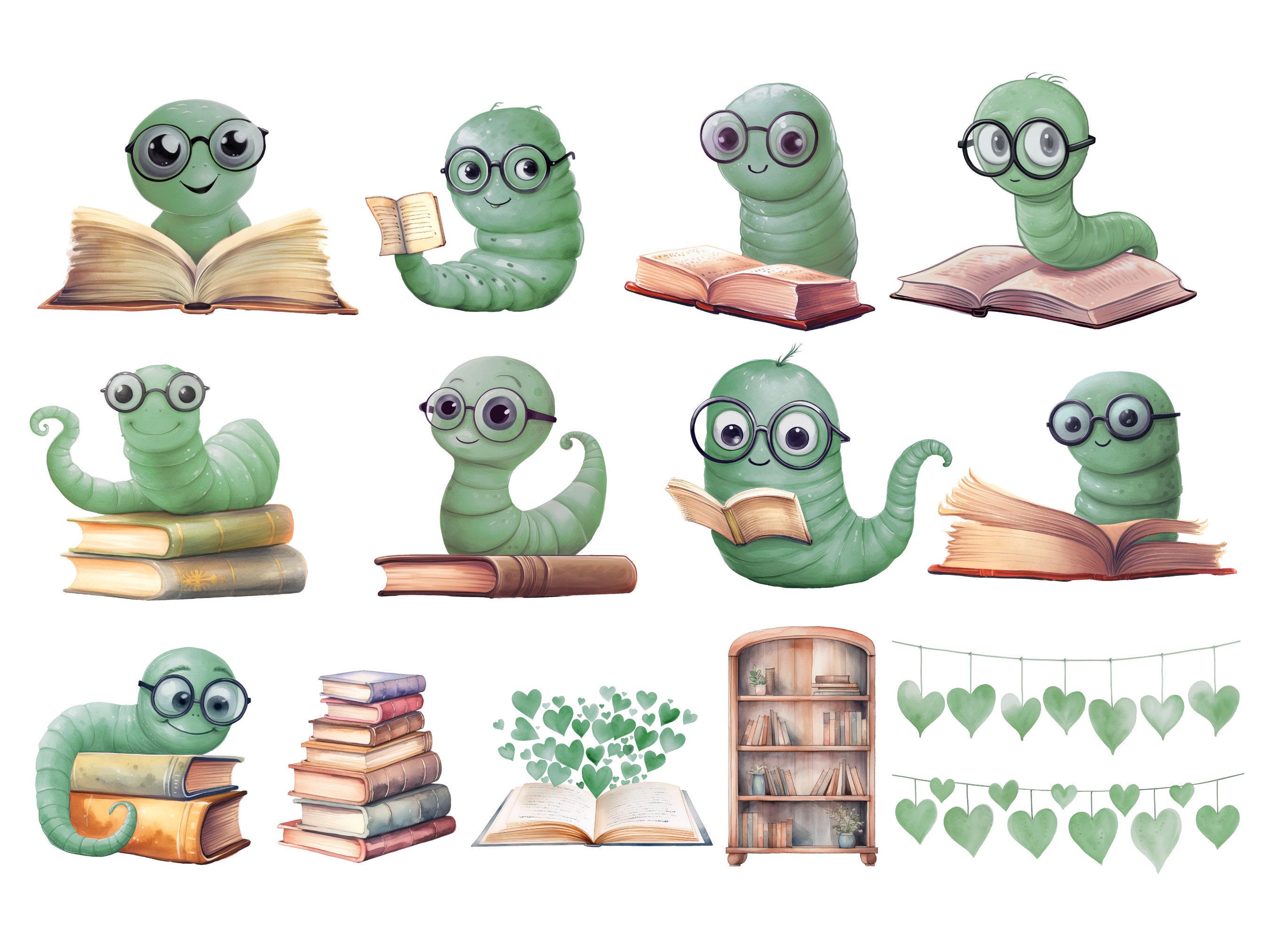 Book Worm Clipart, DIGITAL DOWNLOAD, Cute Bookworm Reading Watercolor ...