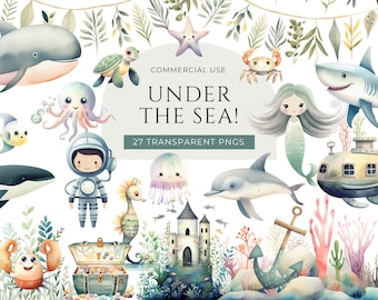 Under The Sea Watercolor Clipart DIGITAL DOWNLOAD, Cute Ocean Animal Clip Art, Undersea Nautical Baby Shower, Under Water Commercial Use PNG