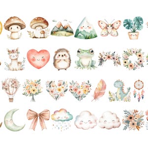 Boho Baby Doodle Clipart, DIGITAL DOWNLOAD, Aquarell Kindergarten Clip Art Bundle, Babyparty Clipart, süße Tier Clipart, kommerzielle Nutzung PNG Bild 4