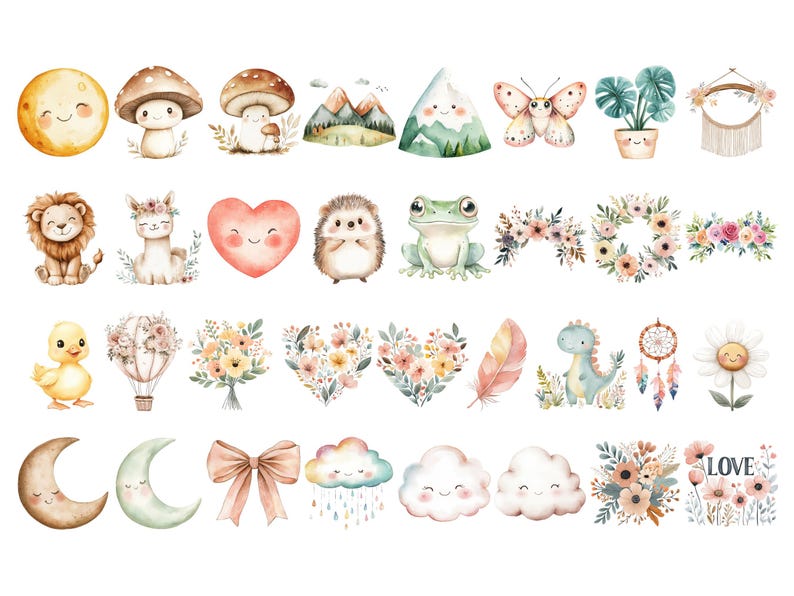 Boho Baby Doodle Clipart, DIGITAL DOWNLOAD, Aquarell Kindergarten Clip Art Bundle, Babyparty Clipart, süße Tier Clipart, kommerzielle Nutzung PNG Bild 4