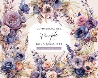 Purple Boho Bouquet Clipart, DIGITAL DOWNLOAD, Lilac Wedding Invitation Florals, Dusty Mauve Bohemian Watercolor Flowers, Commercial Use PNG