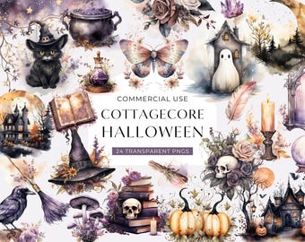 Cottagecore Halloween Clipart, DIGITAL DOWNLOAD, Whimsigoth Watercolor Clip Art, Whimsical Ghost Moth Skull, Witchy Commercial Use PNG