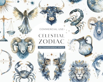 Zodiac Signs Clipart, Watercolor Horoscope Clip Art, Astrology Illustration, Birth Sign Graphic, Celestial Image, DIGITAL Commercial Use PNG