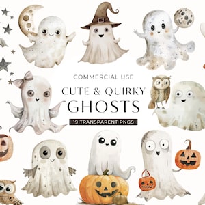 かわいいゴースト クリップアート デジタル ダウンロード、風変わりなハロウィーン クリップアート、水彩のフクロウとカボチャ、リトル ブー ベビーシャワー 商用利用 PNG 画像 1
