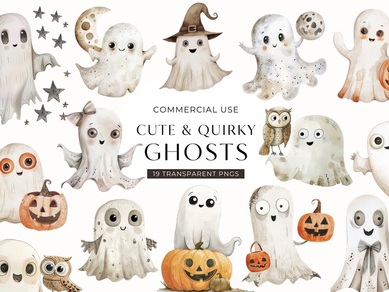 かわいいゴースト クリップアート デジタル ダウンロード、風変わりなハロウィーン クリップアート、水彩のフクロウとカボチャ、リトル ブー ベビーシャワー 商用利用 PNG 画像 1