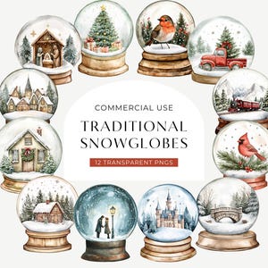 Schneekugel Clipart Traditionelle Weihnachten, DIGITAL DOWNLOAD, Aquarell Schneekugel Clip Art, Krippe Robin Kardinal Vogel, kommerzielle Nutzung PNG