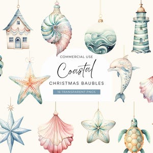Clipart de Navidad costera, DESCARGA DIGITAL, Adorno de acuarela de Navidad de playa, Decoración oceánica de conchas marinas, PNG de uso comercial