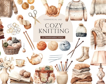 May include: A collection of watercolour illustrations featuring knitting supplies including sweaters, yarn balls, knitting needles, scissors, buttons, a basket, a teapot, a cup, a lamp, and a floral bag with the text COZY KNITTING 31 TRANSPARENT PNGS.