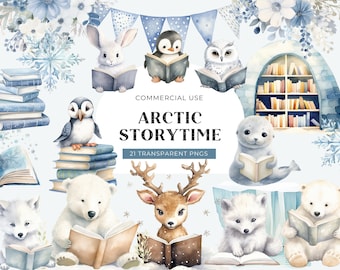 Arctic Animals Reading Clipart, DIGITAL DOWNLOAD, Winter Books Clip Art, Christmas December Baby Shower, Cute North Pole Commercial Use PNG
