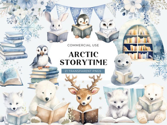 Arctic Animals Reading Clipart, DIGITAL DOWNLOAD, Winter Books Clip Art, Christmas December Baby Shower, Cute North Pole Commercial Use PNG