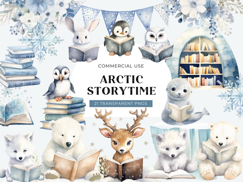 Arctic Animals Reading Clipart, DIGITAL DOWNLOAD, Winter Books Clip Art, Christmas December Baby Shower, Cute North Pole Commercial Use PNG image 1