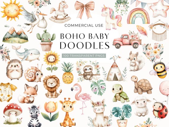 Boho Baby Doodle Clipart, DIGITAL DOWNLOAD, Watercolor Nursery Clip Art Bundle, Baby Shower Clipart, Cute Animal Clipart, Commercial Use PNG