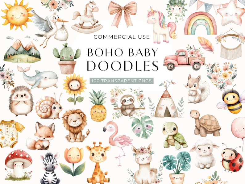 Boho Baby Doodle Clipart, DIGITAL DOWNLOAD, Aquarell Kindergarten Clip Art Bundle, Babyparty Clipart, süße Tier Clipart, kommerzielle Nutzung PNG Bild 1