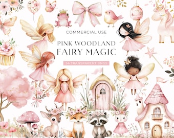 Pink Woodland Fairy Clipart, Cute Watercolor Pastel Fairies, First Birthday Clip Art, Enchanted Forest, Baby Shower Clipart DIGITAL DOWNLOAD