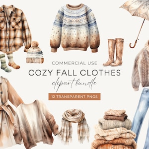 Herfstkleding Clipartbundel, DIGITALE DOWNLOAD, Aquarel Herfsttrui Clip Art Pack, Fashion Boho Outfit Graphics Set, Commercieel Gebruik, PNG