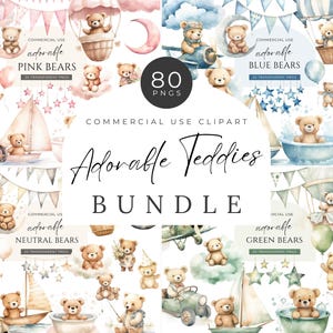 Pacchetto Clipart Orsacchiotto, DOWNLOAD DIGITALE, Clipart asilo nido Boho neutro, Baby Shower ad acquerello, Mongolfiera ad orso per uso commerciale PNG
