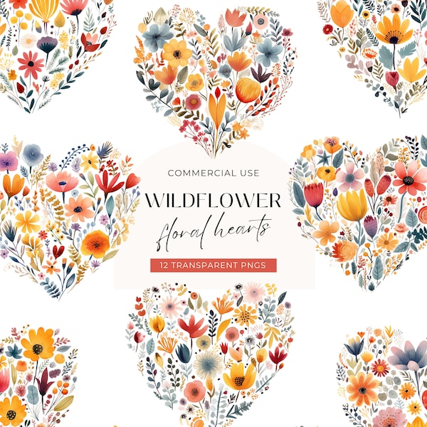 Wildflower Heart Clipart, DIGITAL DOWNLOAD, Floral Heart With Flowers, Watercolor Boho Valentine, Love Heart Baby Shower, Commercial Use PNG