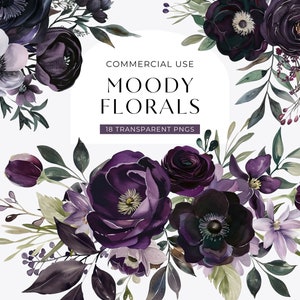 Clipart floral de mauvaise humeur, téléchargement numérique, clipart fleur violet foncé, aquarelle bouquet de roses gothiques, faire-part de mariage usage commercial PNG