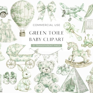 Groene toile baby clipart, kinderkamer toile de jouy-illustraties, aquarel bloemen chinoiserie, vintage Franse genderneutrale douche digitale png