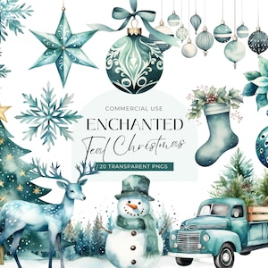Clipart Noël bleu sarcelle, téléchargement numérique, décorations de boule d'ornement suspendus aquarelle, clipart d'invitation de Noël, usage commercial PNG