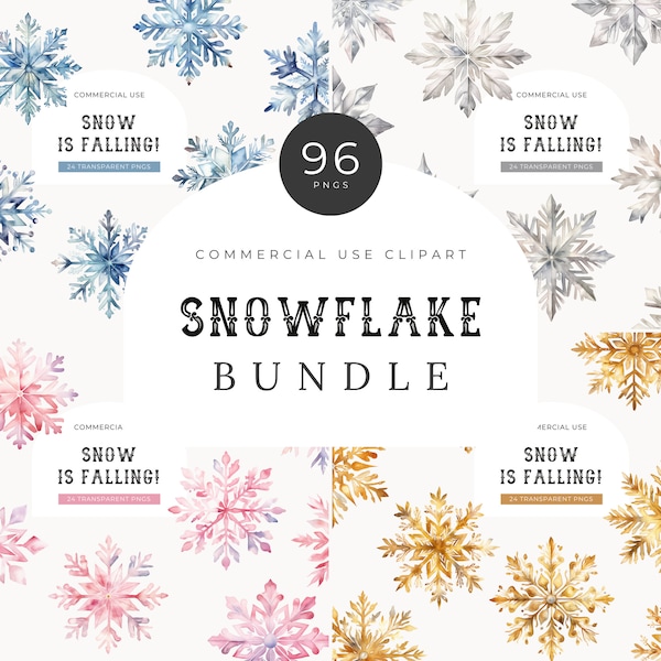 Snowflake Watercolor Clipart Bundle, DIGITAL DOWNLOAD, Pink Christmas, Blue Snow, Silver Frost, Gold Winter Wedding, Free Commercial Use PNG