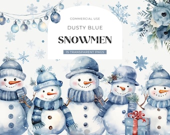 Blue Christmas Snowman Clipart, DIGITAL DOWNLOAD Cute Snowmen Clipart, Xmas Illustration, Winter Baby Boy Shower Graphic, Commercial Use PNG