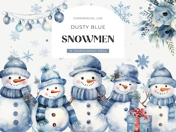 Blue Christmas Snowman Clipart, DIGITAL DOWNLOAD Cute Snowmen Clipart, Xmas Illustration, Winter Baby Boy Shower Graphic, Commercial Use PNG