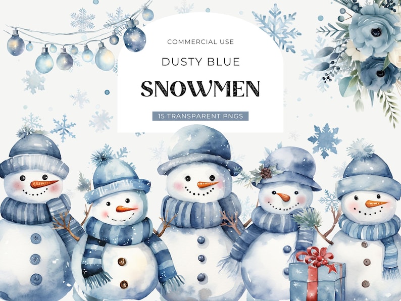 Blue Christmas Snowman Clipart, DIGITAL DOWNLOAD Cute Snowmen Clipart, Xmas Illustration, Winter Baby Boy Shower Graphic, Commercial Use PNG image 1