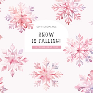 Clipart aquarelle rose flocon de neige, téléchargement numérique, illustration de flocons de neige de Noël, chutes de neige de Noël, hiver graphique usage Commercial PNG