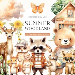 Clipart d'amis de la forêt de l'été, téléchargement numérique, jolies créatures de la forêt, clipart aquarelle baby shower, ours renard hibou usage Commercial PNG